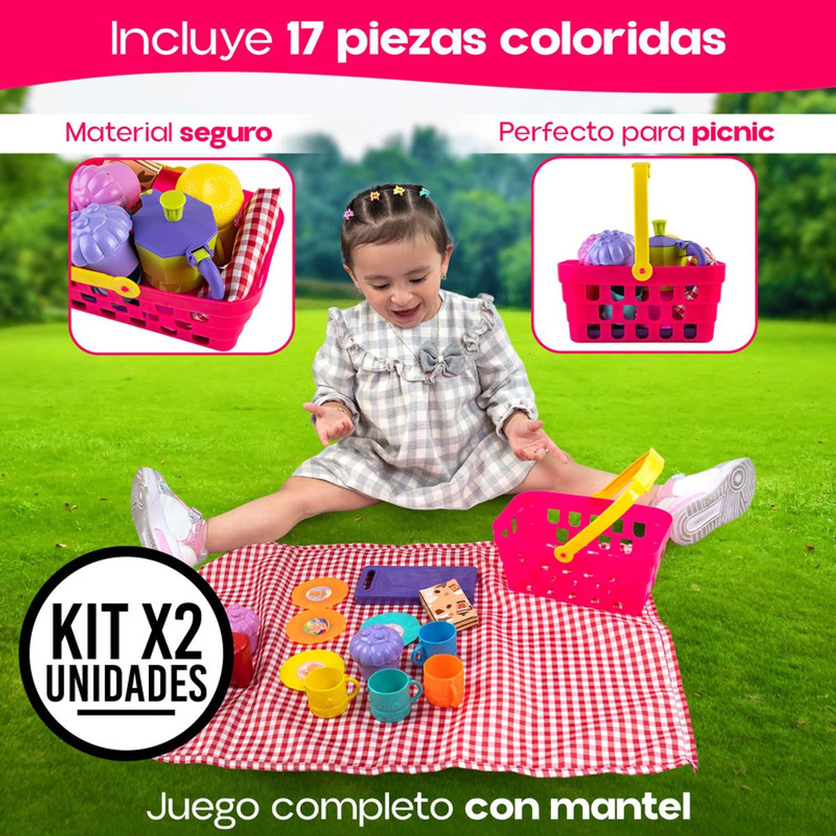 ENERGY PLUS - Set x2 Picnic Infantil con Vajilla Frutas Cafetera Juguetes