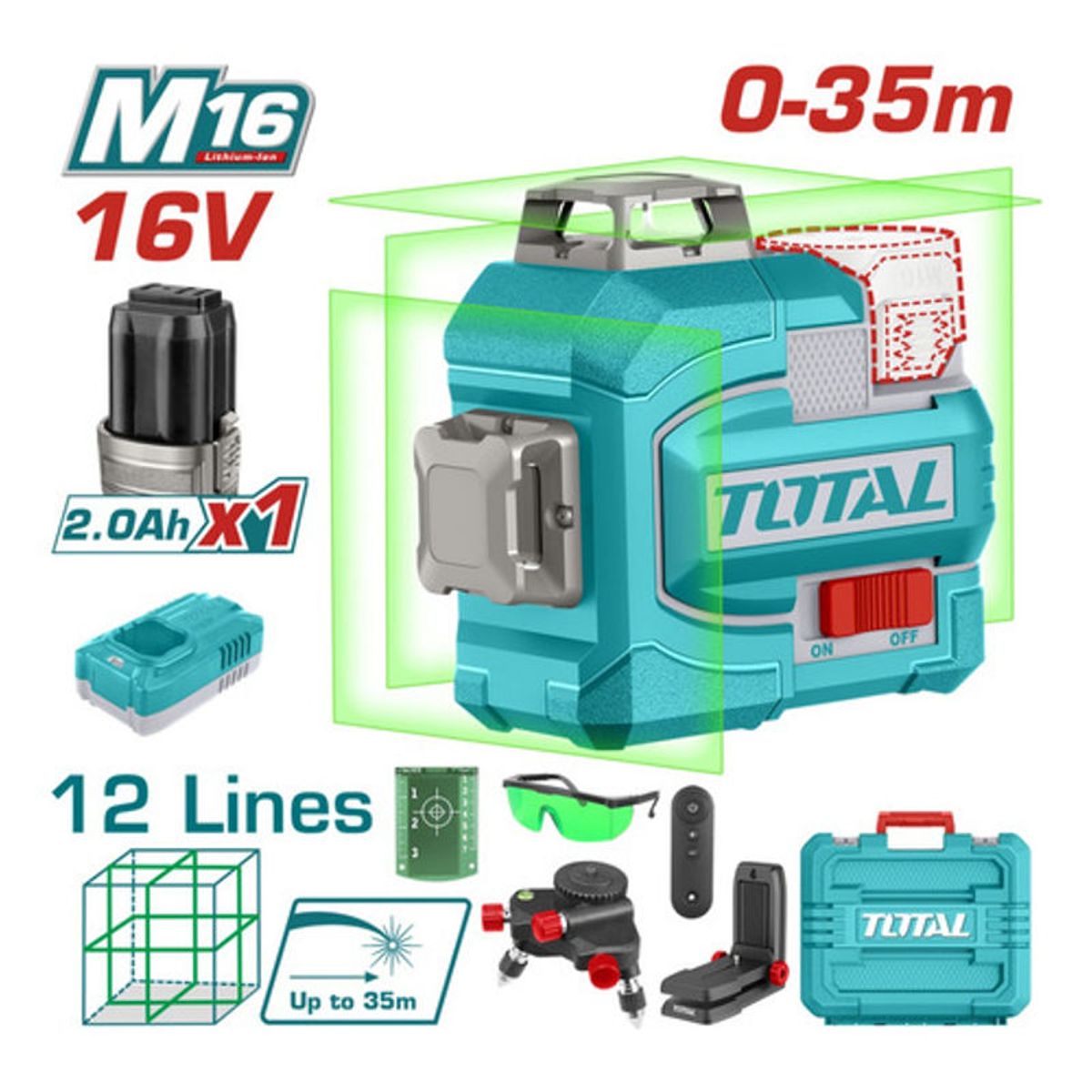 TOTAL - Nivel Laser 0-35m Luz Verde 3d 12 Lineas 16v Industrial Super Total