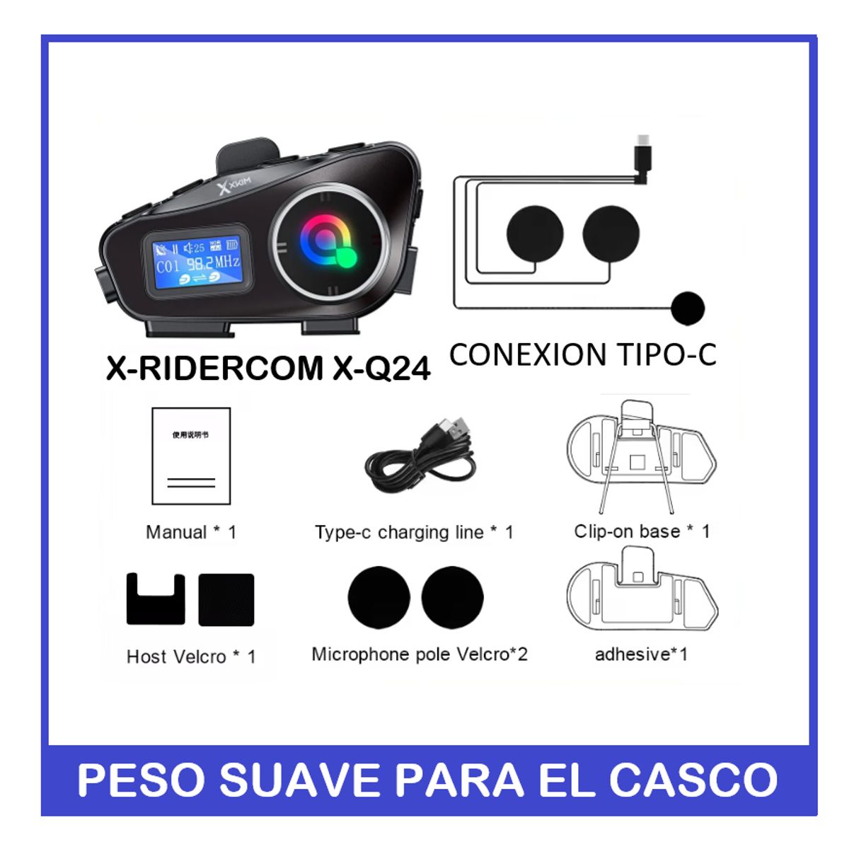 XKIM - Intercomunicador XQ24  Bluetooth 53 Radio FM Linterna Resistencia IPX6