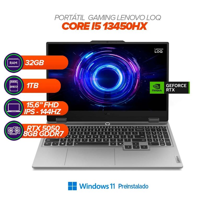 LENOVO - Portátil Gamer Lenovo LOQ 15.6" FHD 144Hz i5 13450HX / RTX 5050 8GB / RAM 32GB / SSD 1TB / Win 11