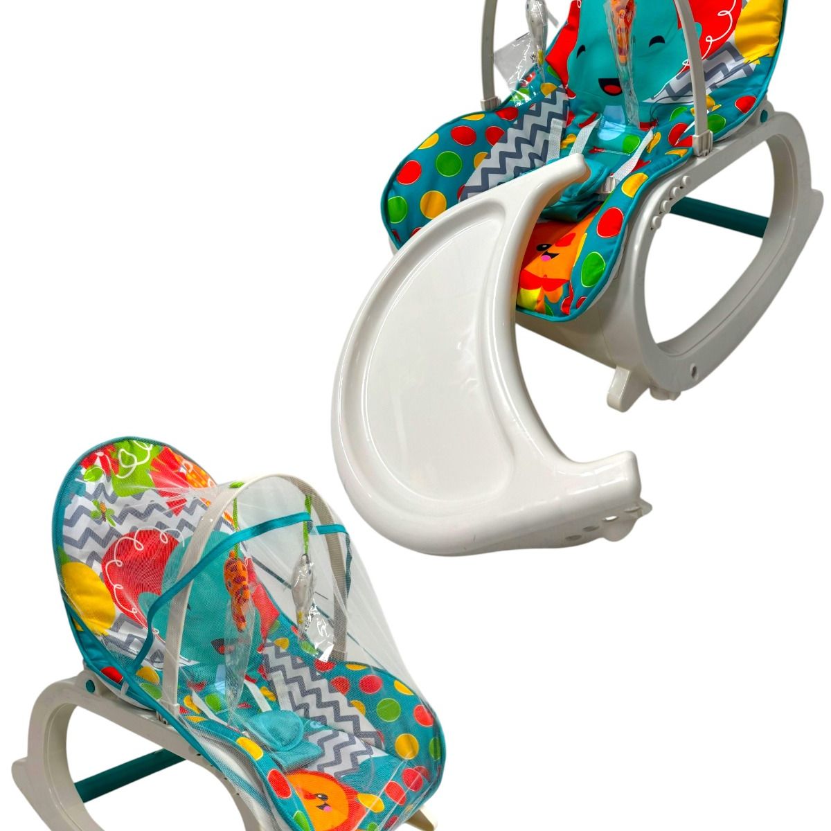 KIDSHOP - Silla Mecedora Vibradora Con bandeja + Toldillo Azul Verdoso