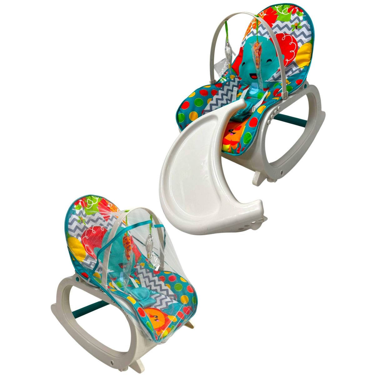 KIDSHOP - Silla Mecedora Vibradora Con bandeja + Toldillo Azul Verdoso
