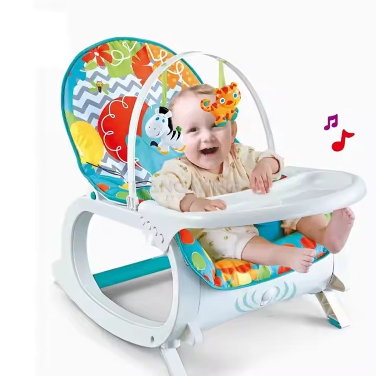 KIDSHOP - Silla Mecedora Vibradora Con bandeja + Toldillo Azul Verdoso