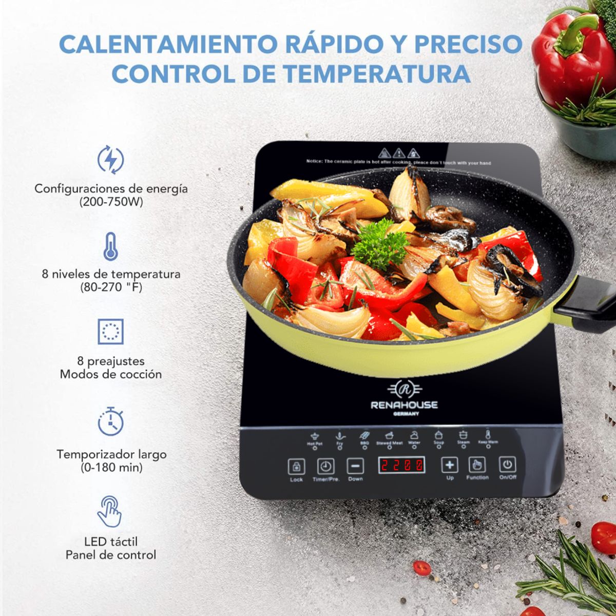 RENAHOUSE - Estufa Eléctrica Inducción 1 Puesto Táctil 9 Niveles 1000W