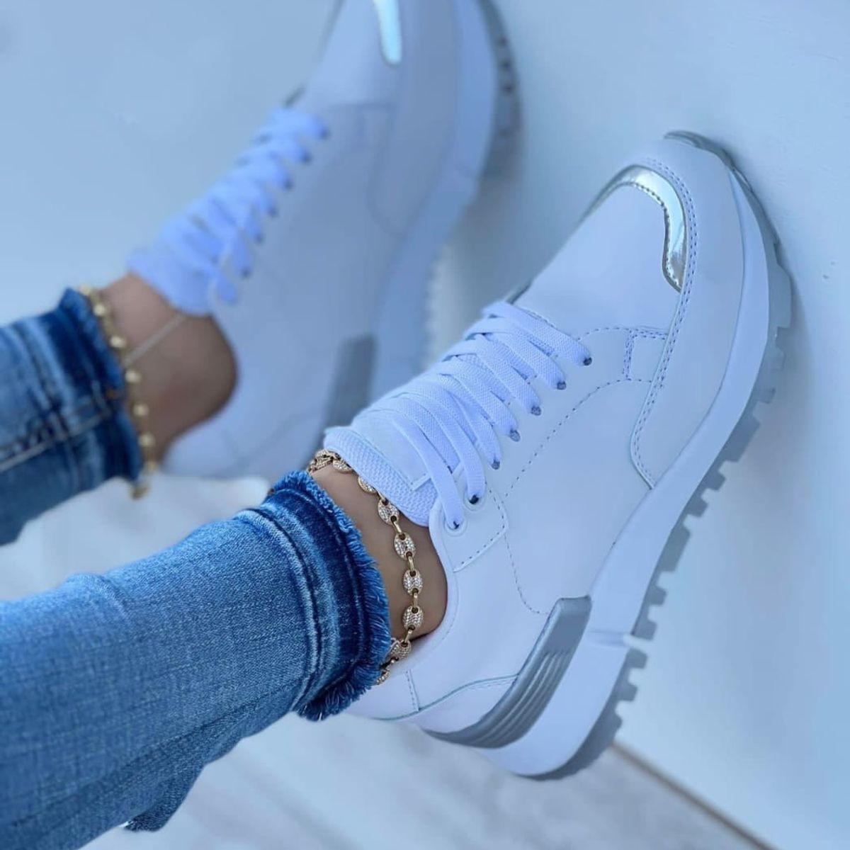 NACIONAL - Tenis Blanco Plateado Dama Zapatillas Zapatos Mujer Lindos Moda Casual