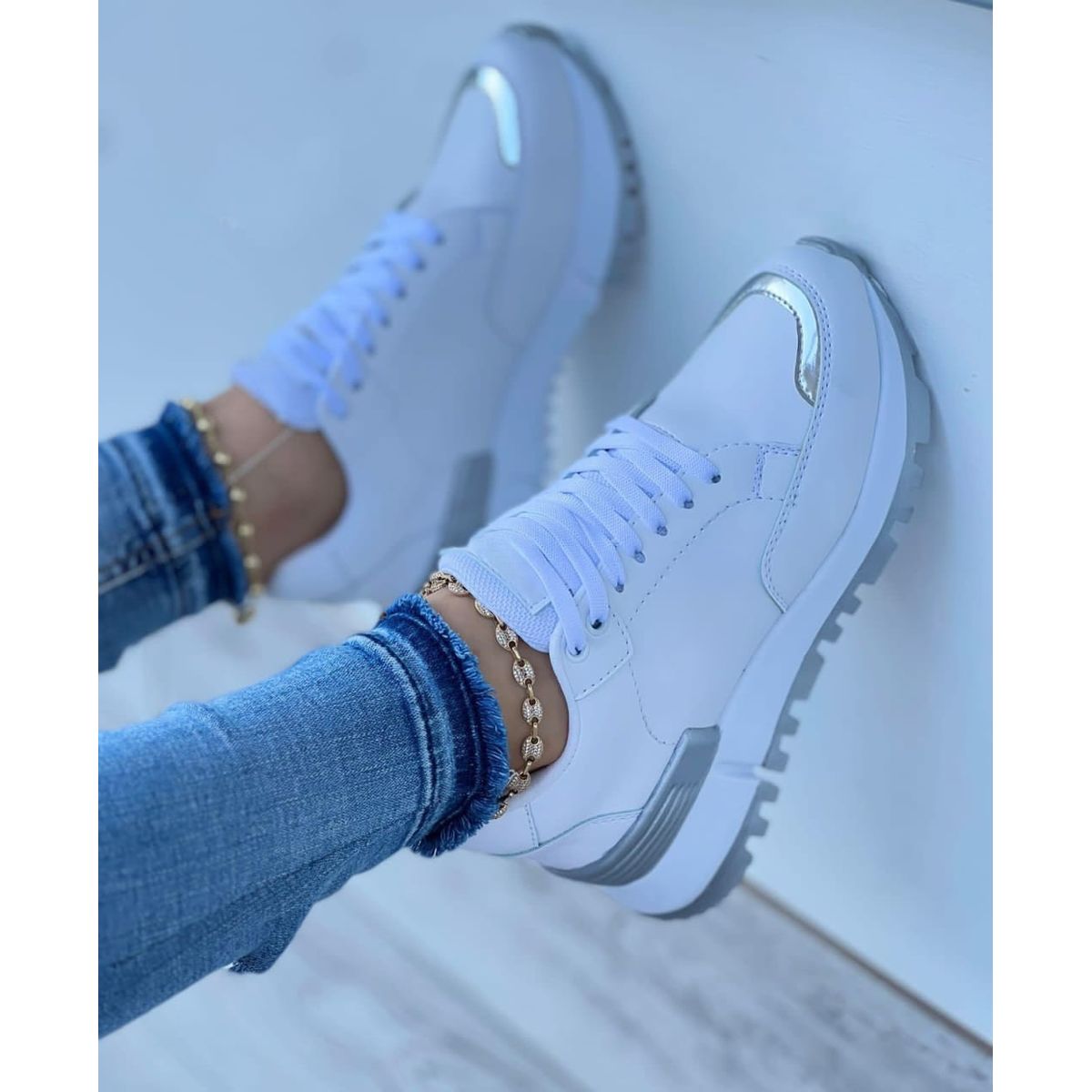 NACIONAL - Tenis Blanco Plateado Dama Zapatillas Zapatos Mujer Lindos Moda Casual