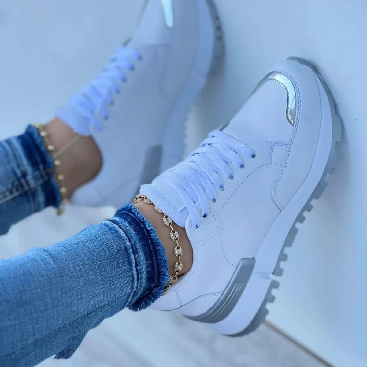 NACIONAL - Tenis Blanco Plateado Dama Zapatillas Zapatos Mujer Lindos Moda Casual