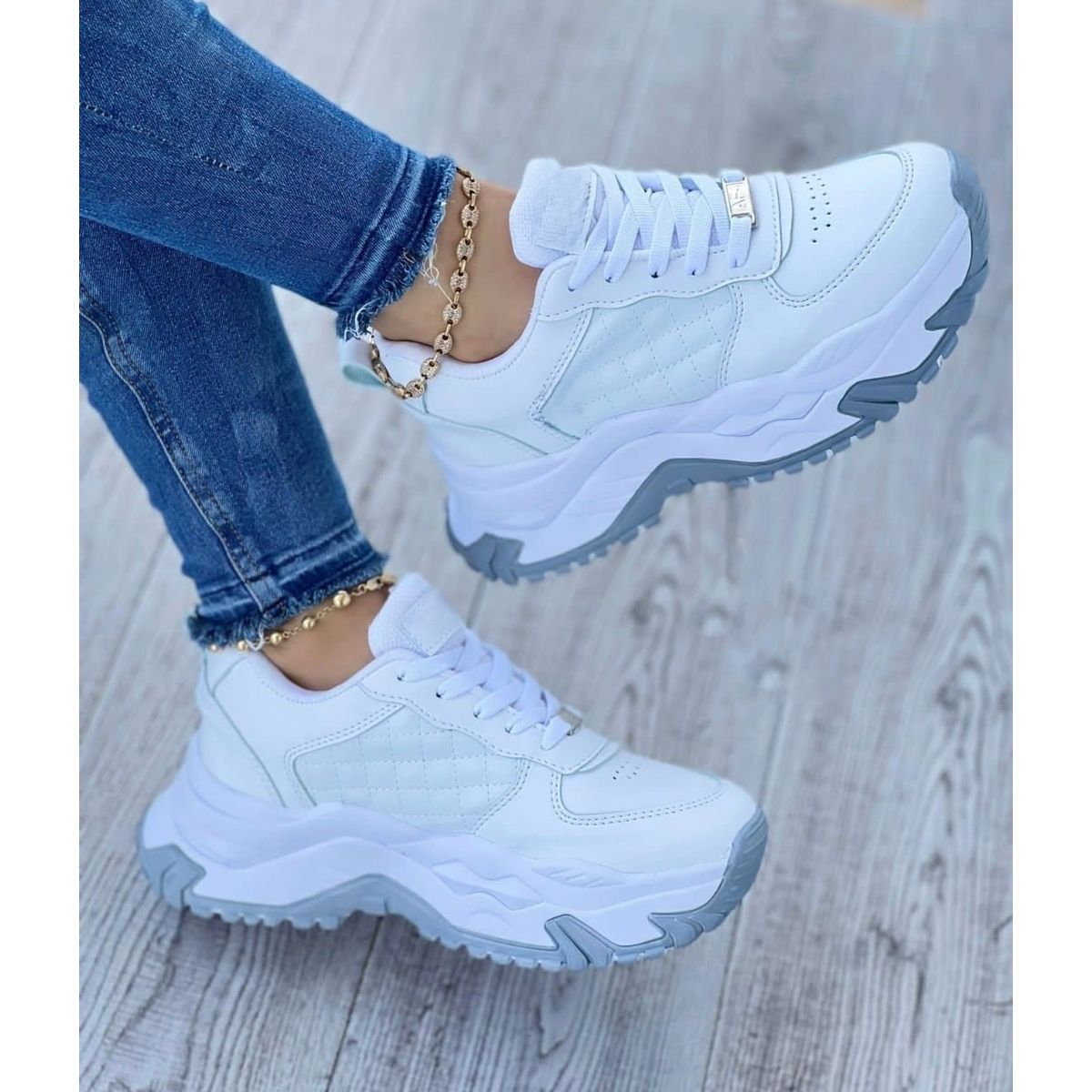 NACIONAL - Tenis Blanco Gris Dama Zapatillas Zapatos Mujer Lindos Moda Casual