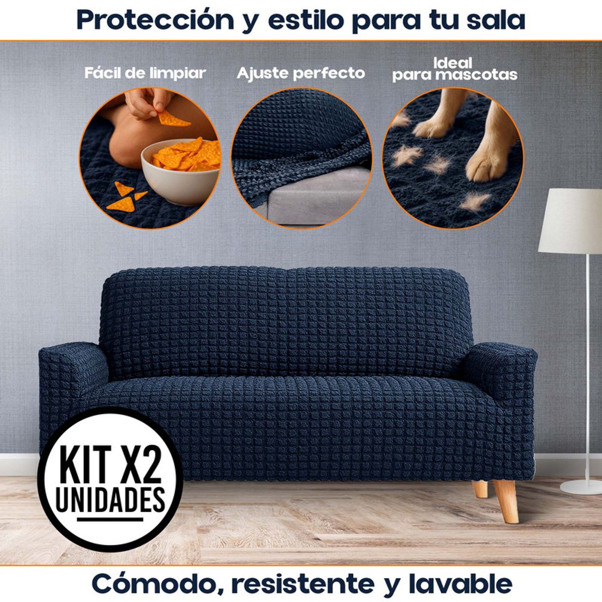 ENERGY PLUS - Set x2 Protector Sofá 2 Puestos Lavable Antimanchas Mascotas