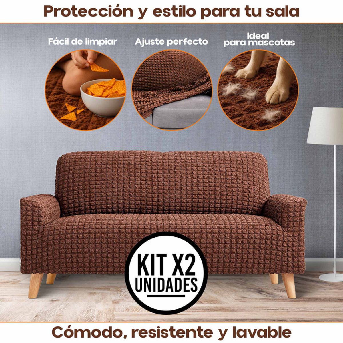 ENERGY PLUS - Set x2 Protector Sofá 2 Puestos Lavable Antimanchas Mascotas