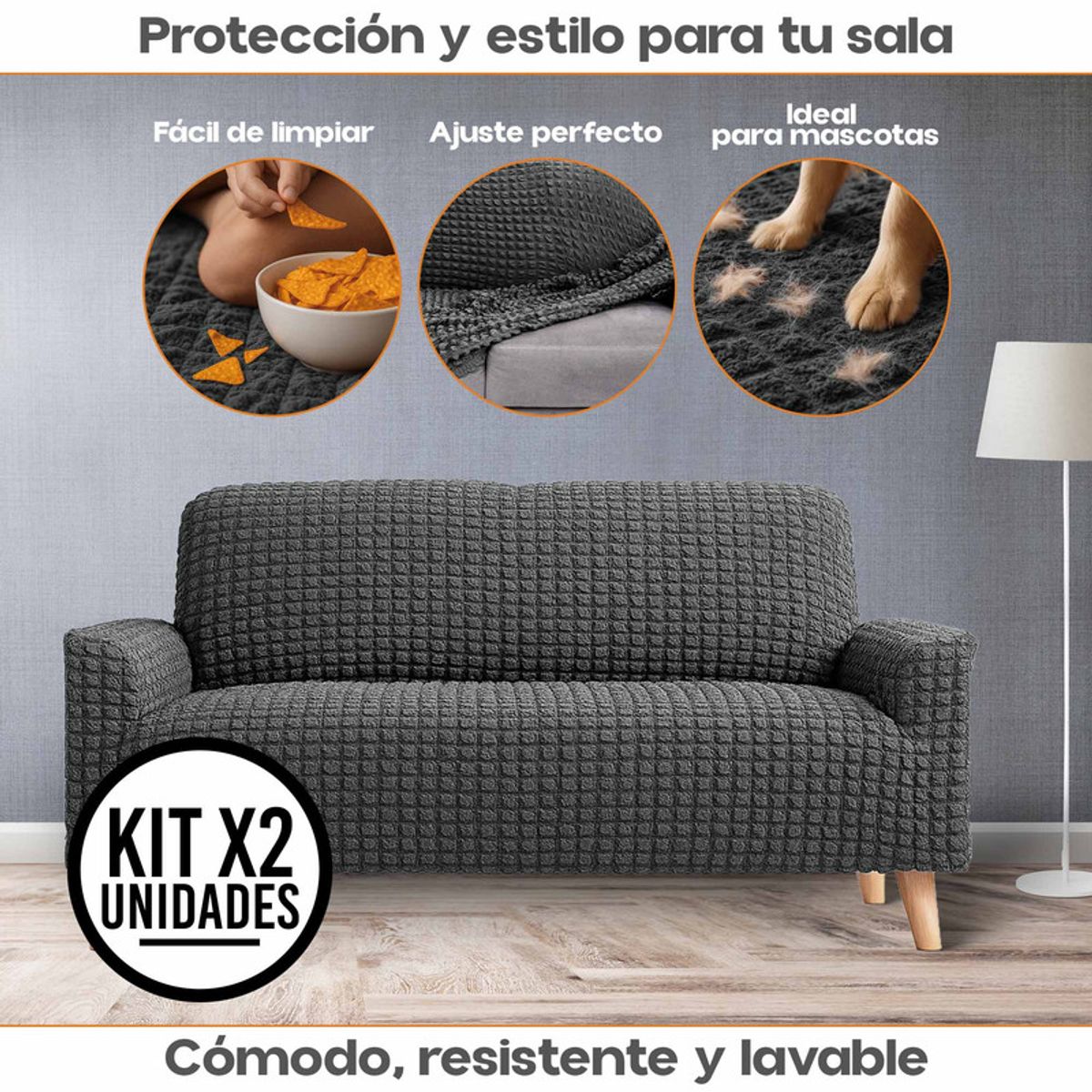 ENERGY PLUS - Set x2 Protector Sofá 2 Puestos Lavable Antimanchas Mascotas