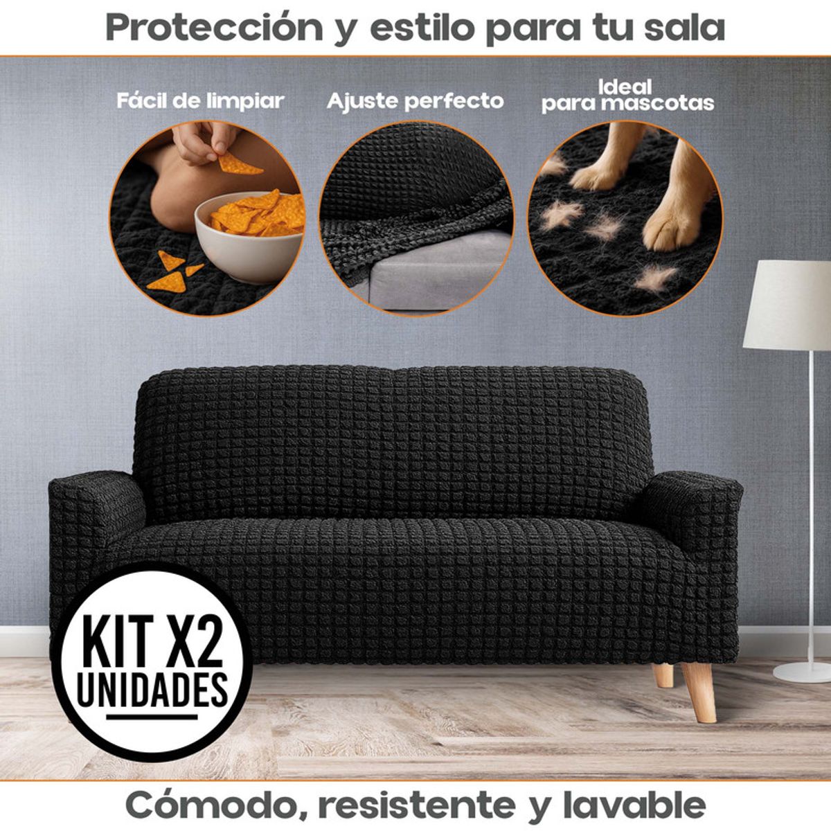 ENERGY PLUS - Set x2 Protector Sofá 2 Puestos Lavable Antimanchas Mascotas