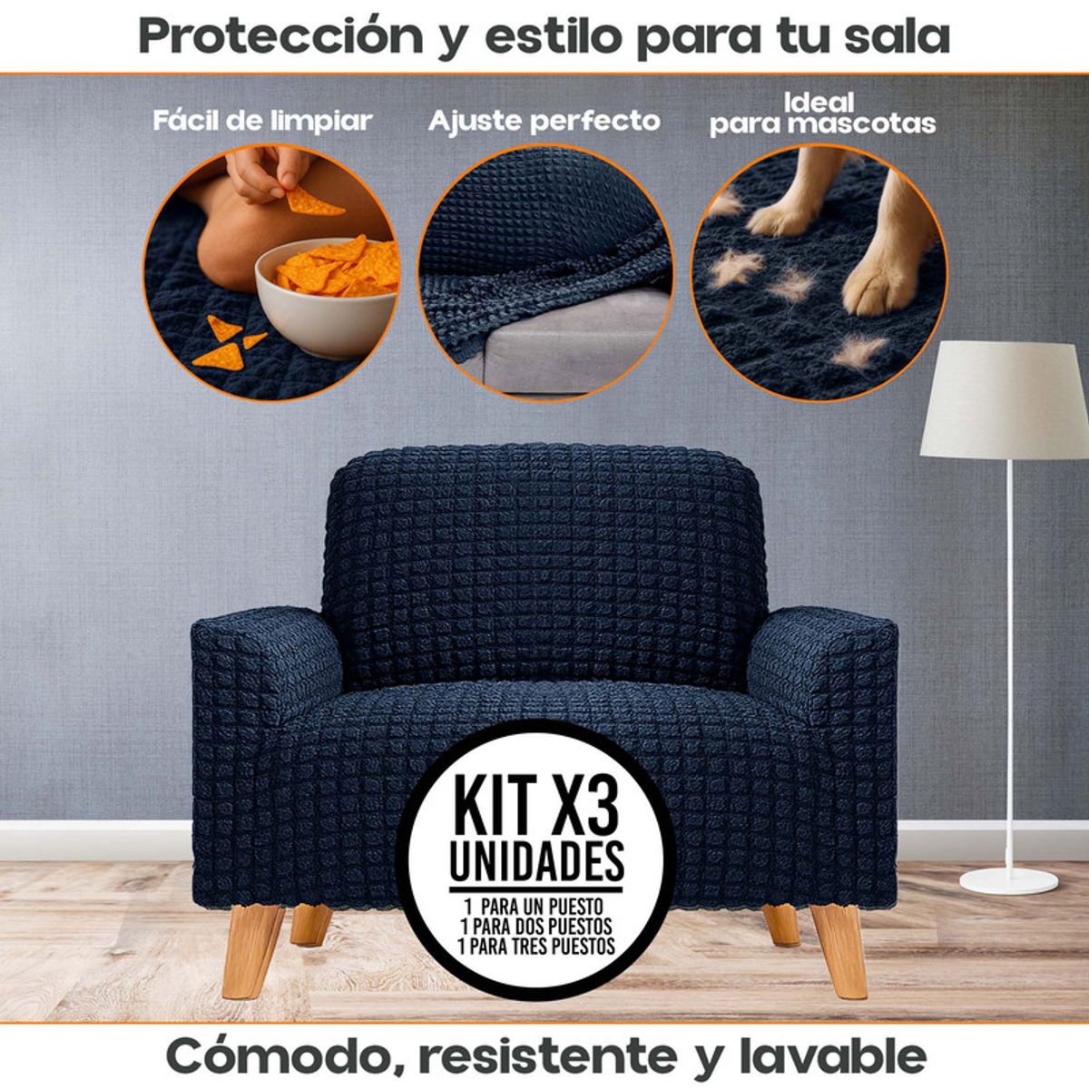 ENERGY PLUS - Combo x3 Protectores Elástico de Sofá Un Dos y Tres Puestos
