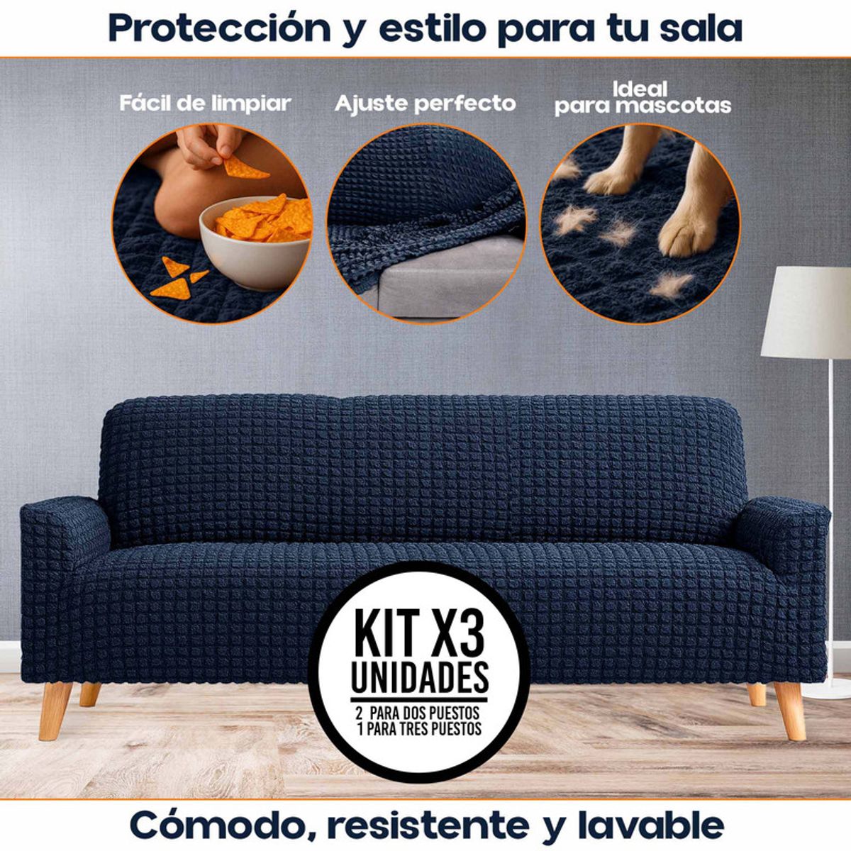 ENERGY PLUS - Set x3 Fundas Elásticas Sofá 2 Dos Puesto + 1 Tres Puestos
