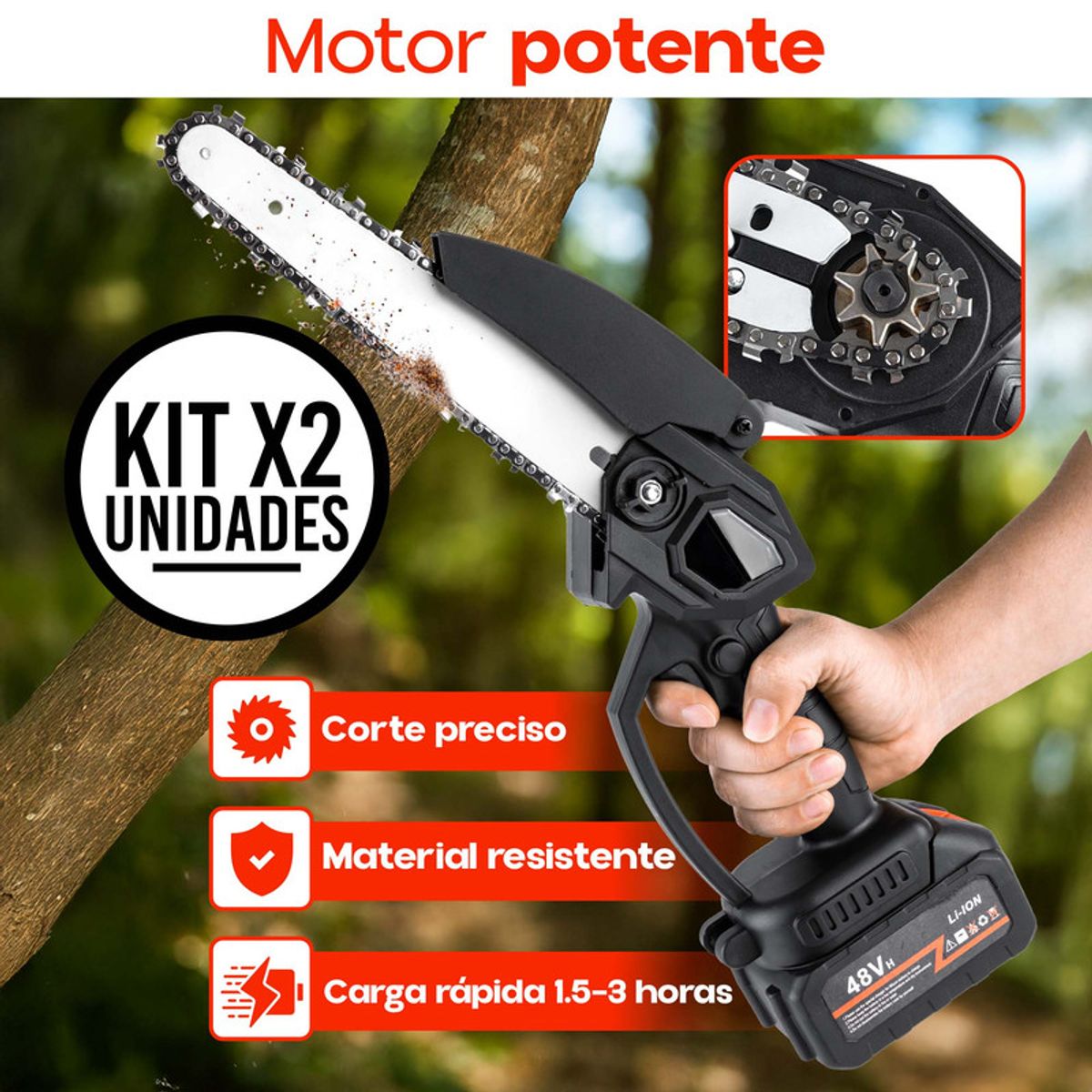 ENERGY PLUS - Set x2 Sierra Eléctrica de Cadena Portátil 2 Baterías 48V