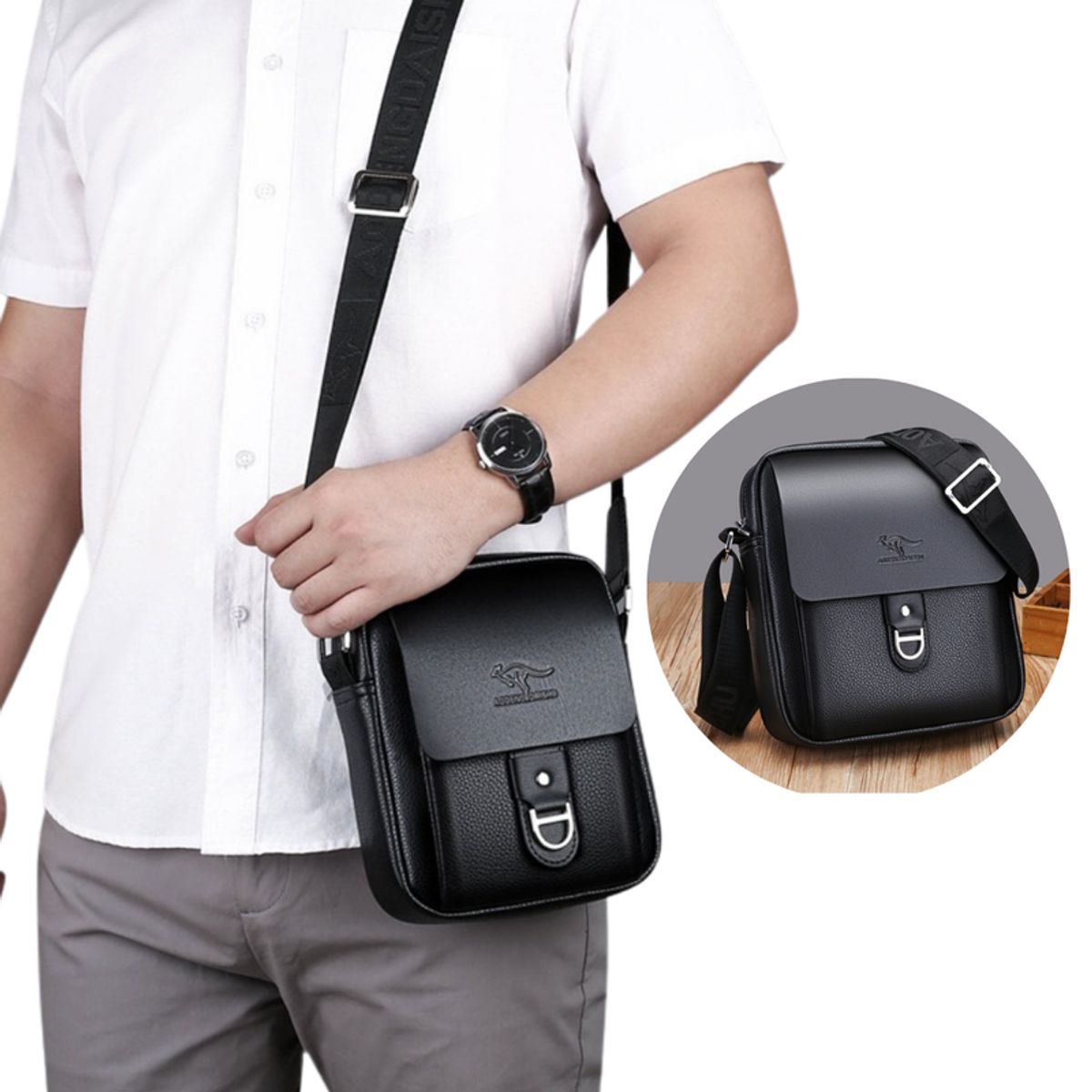 MULTIPLACE COLOMBIA - Bolso Manos Libres para Hombre en Cuero Sintético Negro-