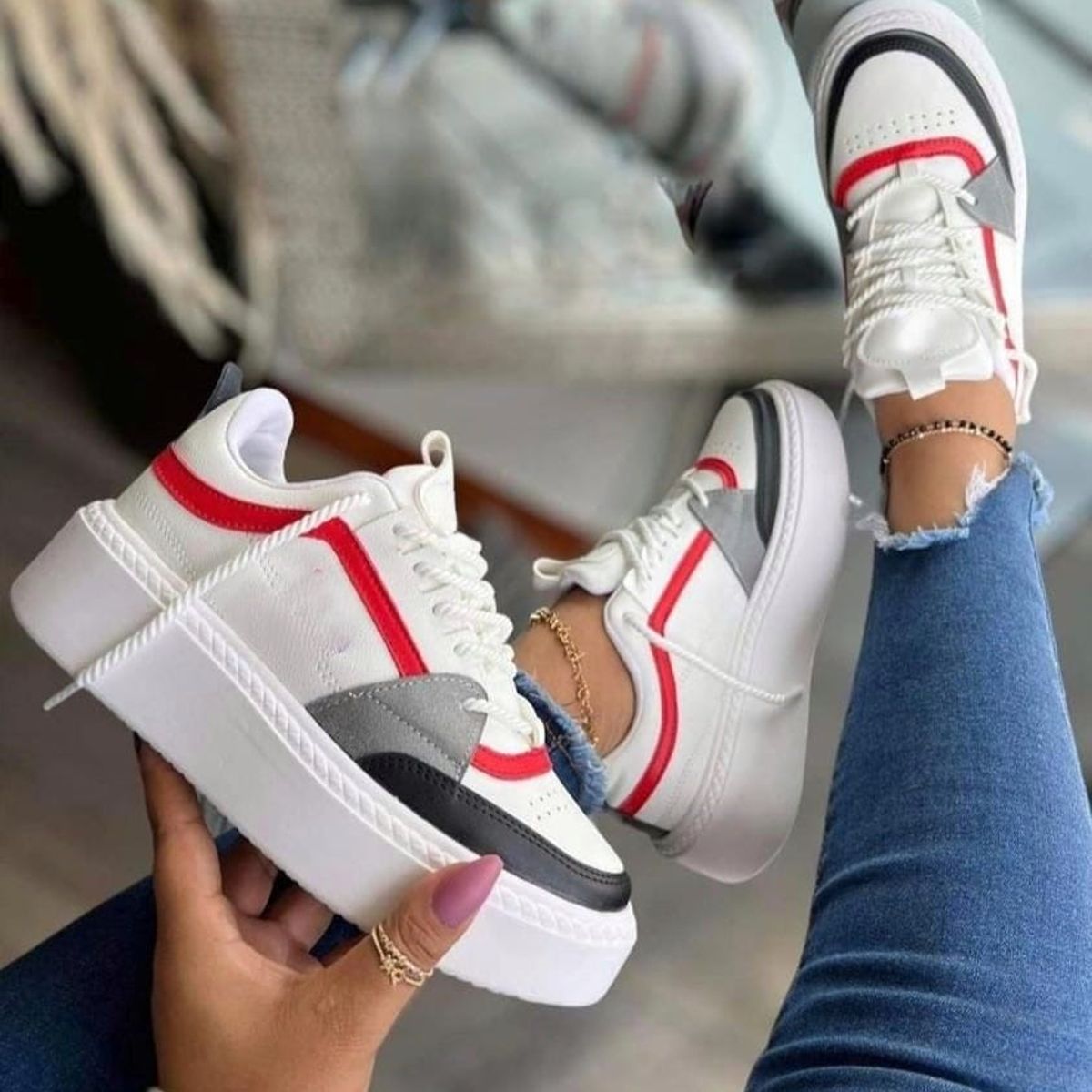 NACIONAL - Tenis Blanco Rojo Dama Zapatillas Zapatos Mujer Lindos Moda Casual