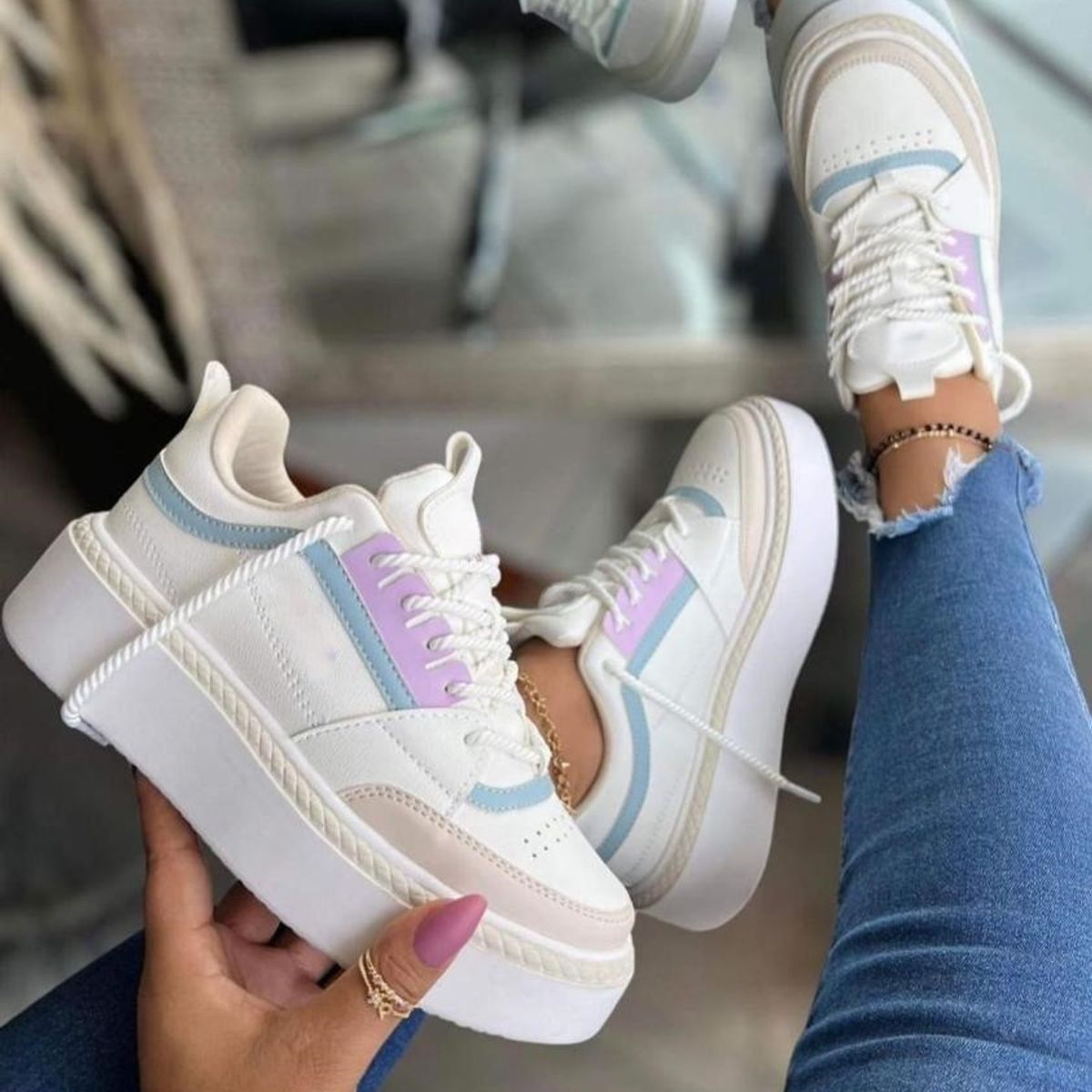 NACIONAL - Tenis Beige Lila Dama Zapatillas Zapatos Mujer Lindos Moda Casual