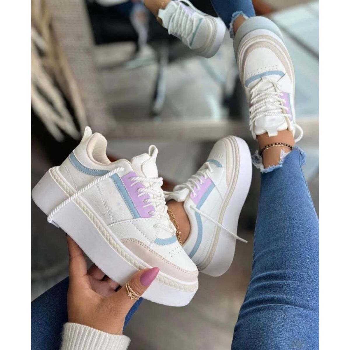 NACIONAL - Tenis Beige Lila Dama Zapatillas Zapatos Mujer Lindos Moda Casual