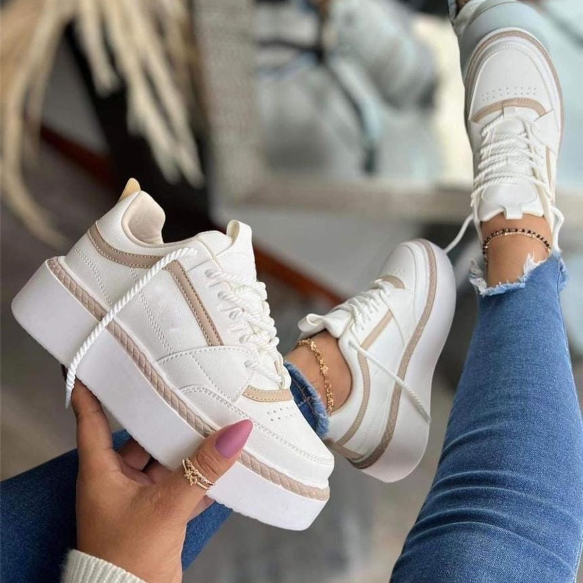 NACIONAL - Tenis Beige Cafe Claro Dama Zapatillas Zapatos Lindos Moda Casual