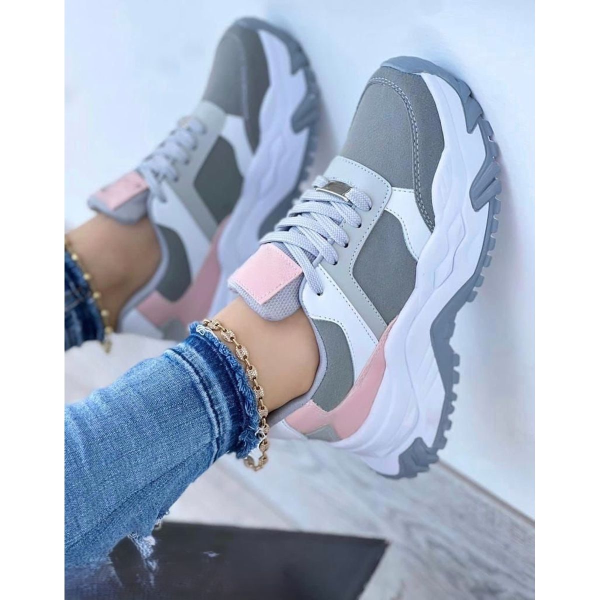 NACIONAL - Tenis Gris Blanco Dama Zapatillas Zapatos Mujer Lindos Moda Casual