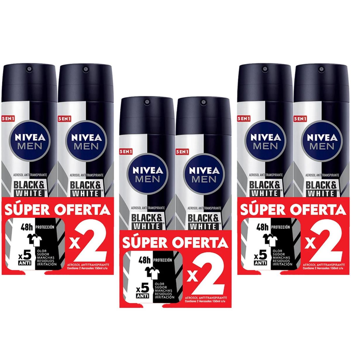 NIVEA - Nivea Men Desodorante Hombre Invisible for Black & White Spray 2Pack 150ml x3