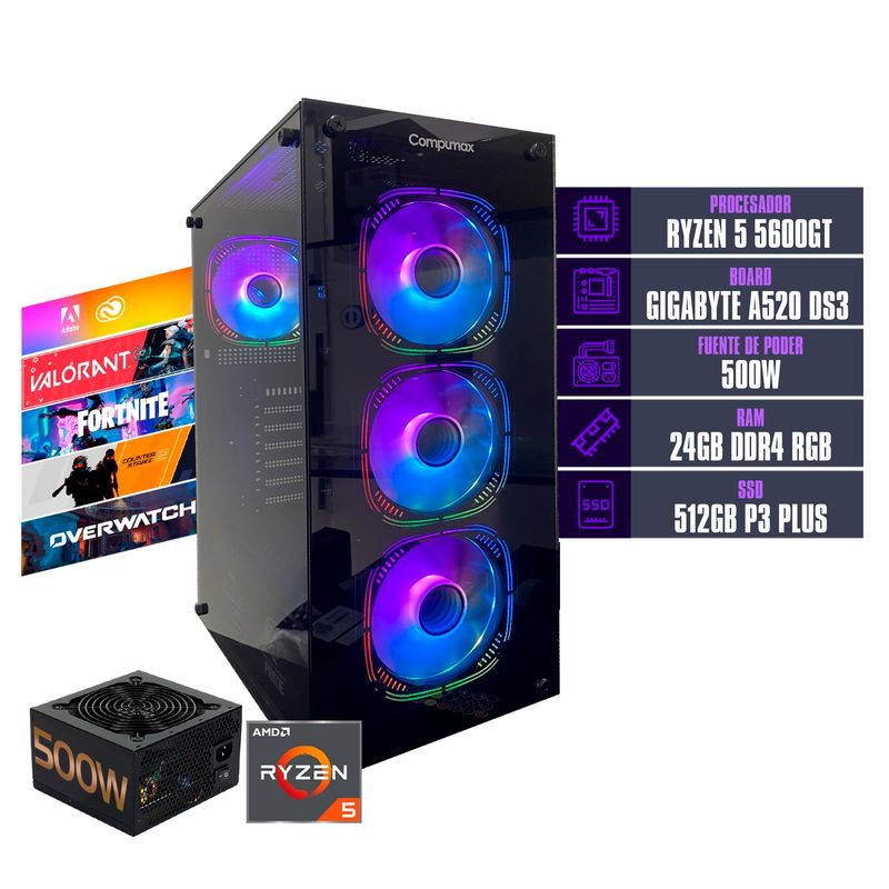 COMPUMAX - COMPUTADOR TORRE GAMER RYZEN 5 5600GT 24 GB DDR4 RGB/512 FUENTE 500W