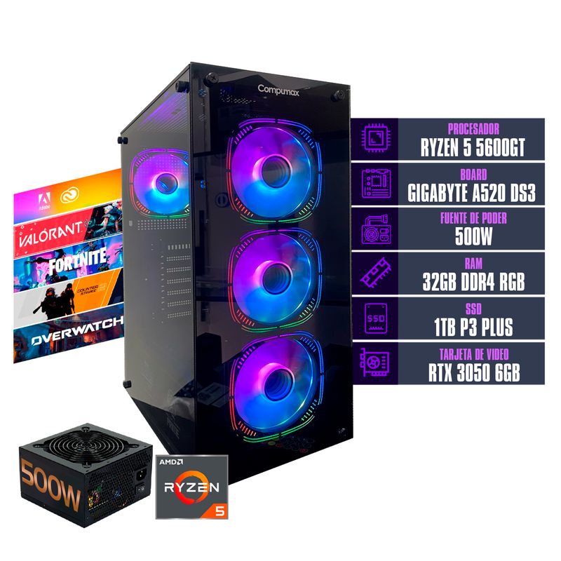 COMPUMAX - COMPUTADOR TORRE GAMER RYZEN 5 5600GT 32 GB DDR4 RGB/1 TB FUENTE 500W