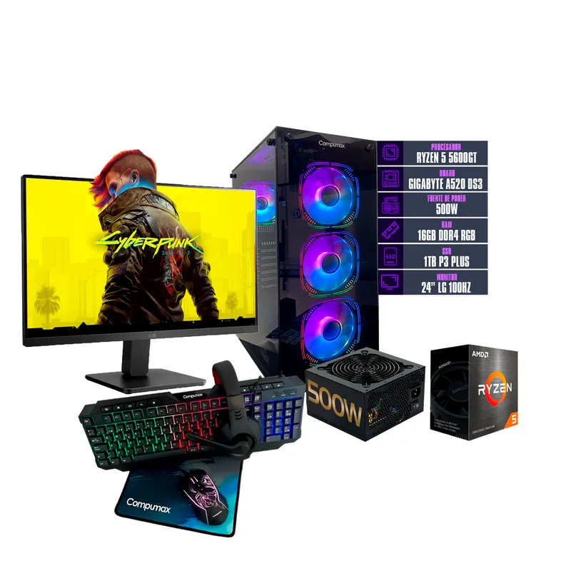 COMPUMAX - COMPUTADOR TORRE GAMER RYZEN 5 5600GT 16 GB DDR4 RGB/1 TB FUENTE 500W 24" 100hz