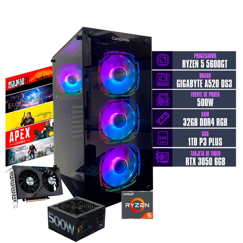 COMPUMAX - PC TORRE GAMER RYZEN 5 5600GT 32 GB DDR4 RGB/1 TB RTX 3050 6 GB FUENTE 500W