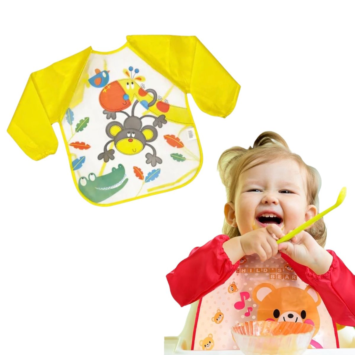 GENERICO - Babero Delantal para Bebés Niños Manga Larga Impermeable