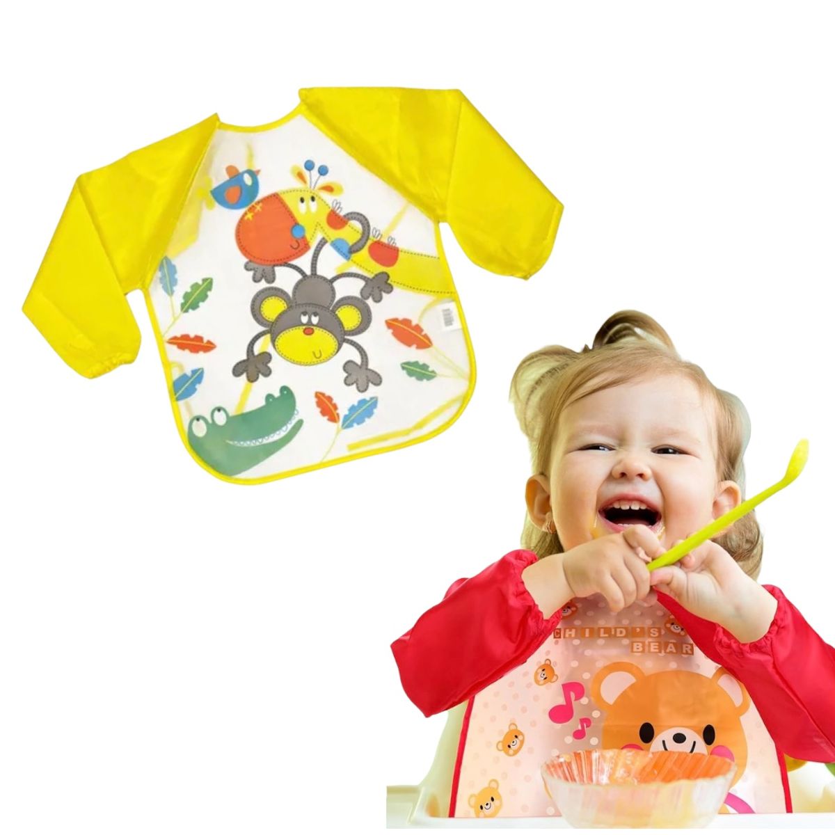 GENERICO - Babero Delantal para Bebés Niños Manga Larga Impermeable