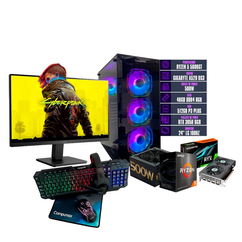 COMPUMAX - TORRE GAMER RYZEN 5 5600GT 48 GB DDR4 RGB/512 SSD RTX 3050 6 GB FUENTE 500W 24"