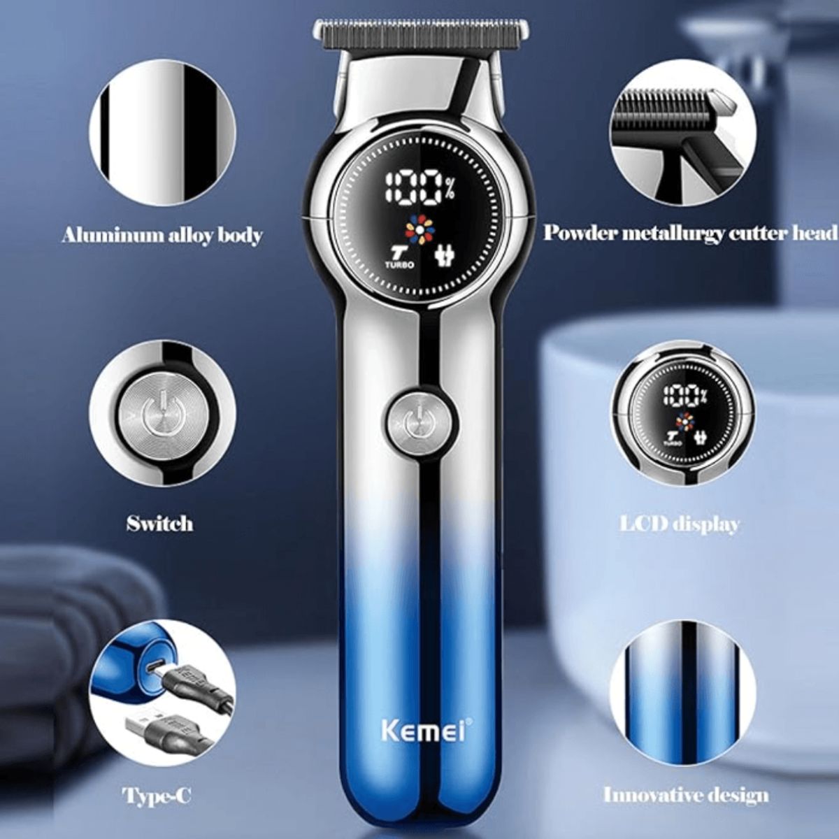 KEMEI - Maquina Patillera Kemei Km-1852 Color Azul Plateado Con Turbo