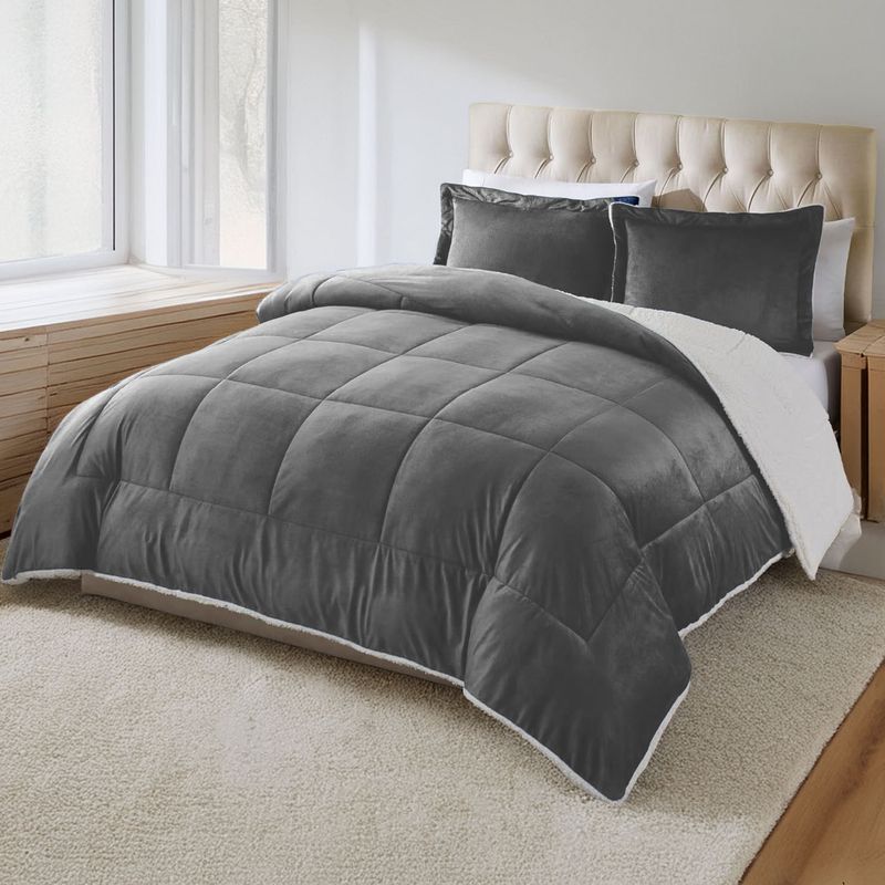 GENERICO - Edredon comforter sherpa - piel de conejo cama Doble Gris Oscuro