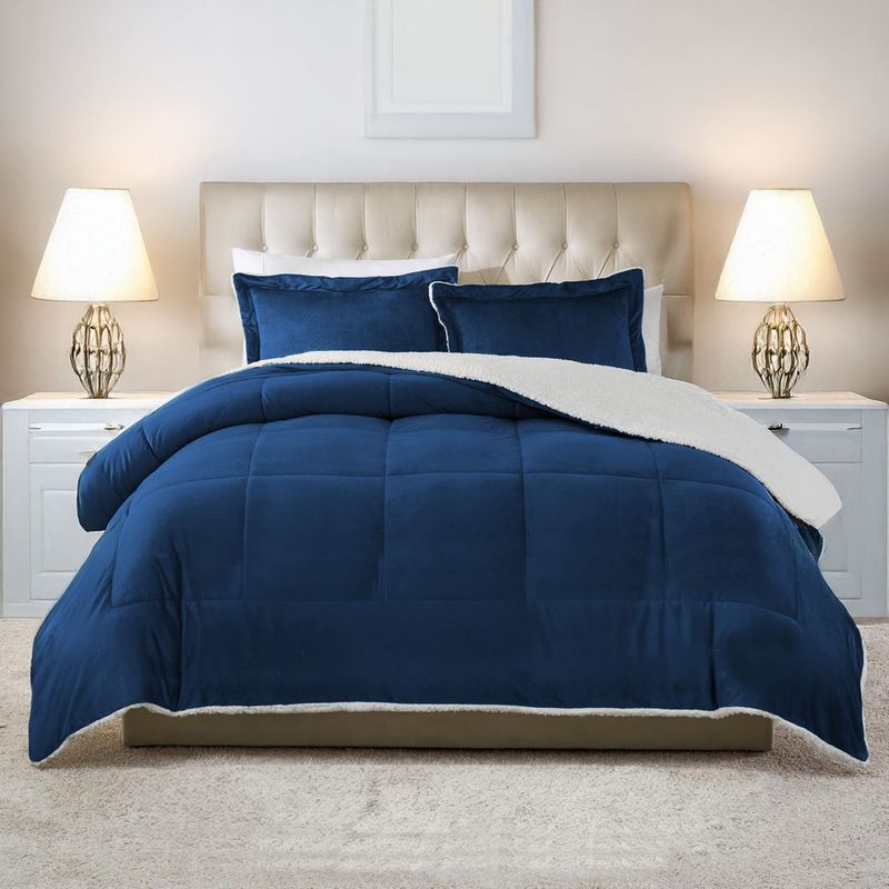 GENERICO - Edredon comforter sherpa - piel de conejo cama Queen Azul Oscuro
