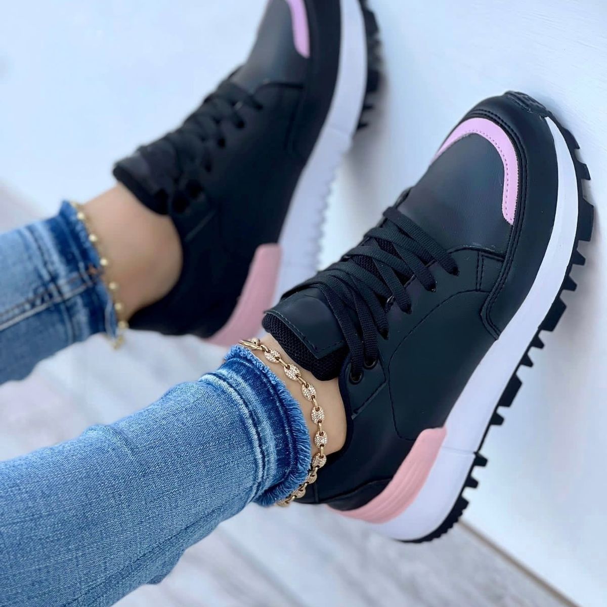 NACIONAL - Tenis Negro Rosa Dama Zapatillas Zapatos Mujer Lindos Moda Casual