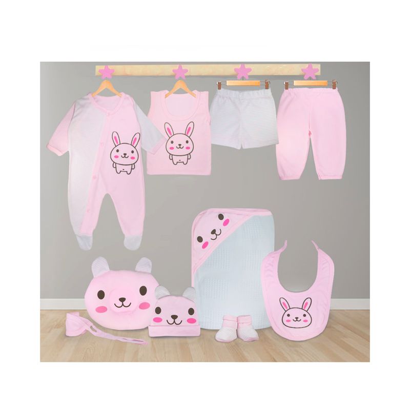 BABY KDS - Set primera muda 10 piezas glotoncitos - rosado.