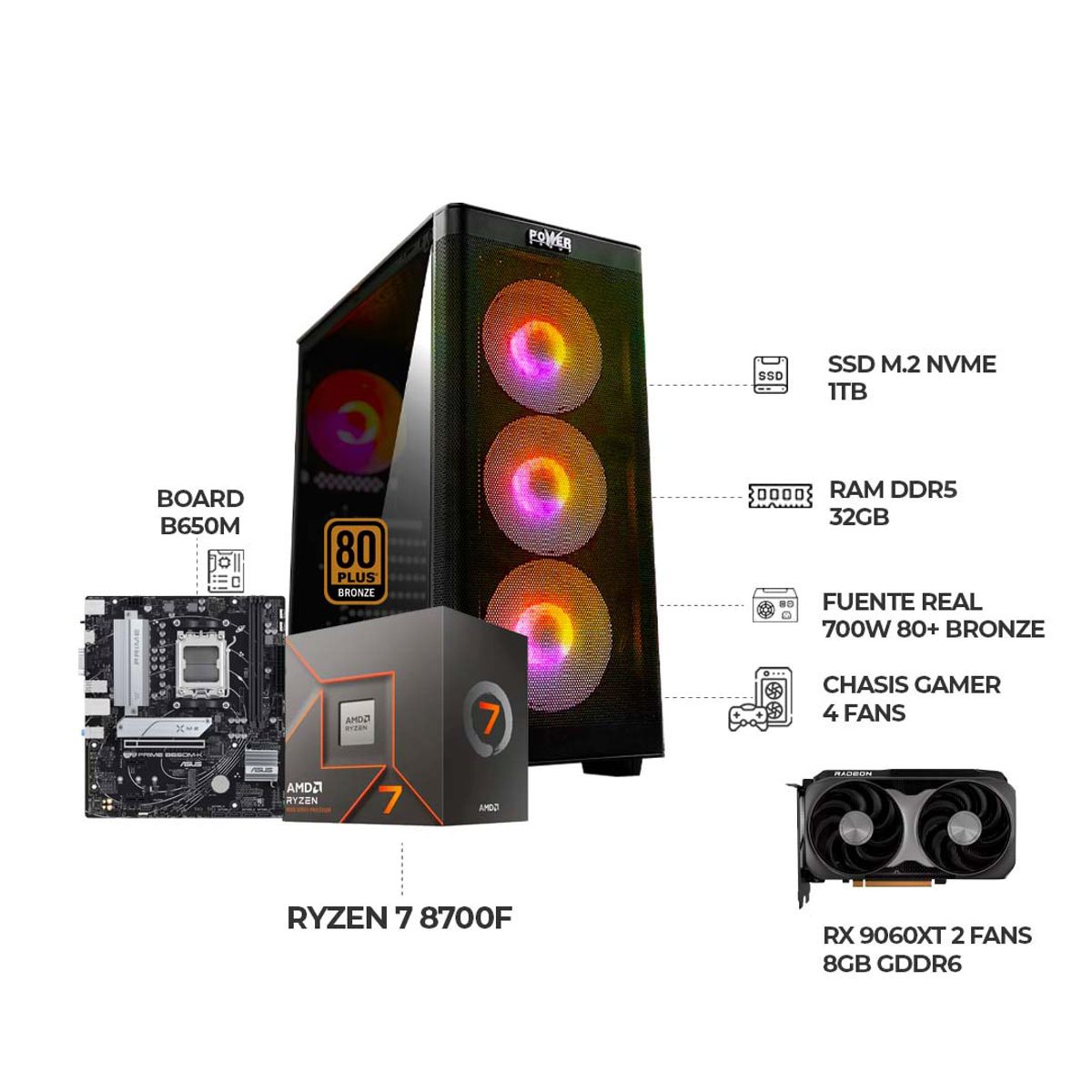 AMD - COMPUTADOR GAMER RYZEN 7 8700F + RX 9060XT 8GB - RAM 32GB SSD 1TB M.2 CHASIS RGB