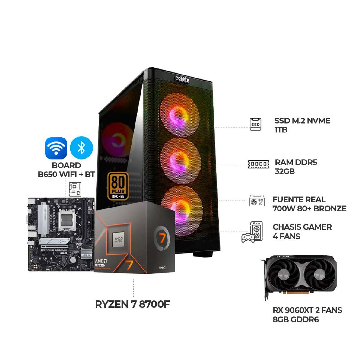 AMD - COMPUTADOR GAMER RYZEN 7 8700F+ RX 9060XT 8GB+ RAM 32GB SSD 1TB + B650 WIFI/BT
