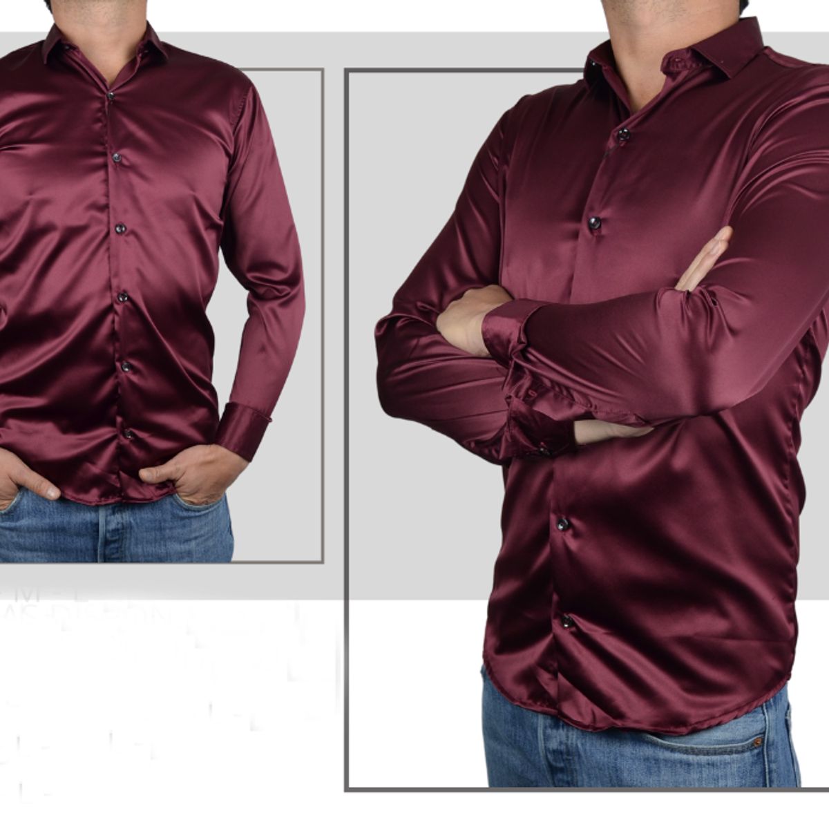ABC - Camisas De Vestir Seda Brillante Satinada De Lujo Para Hombre botones
