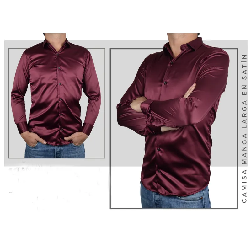 ABC - Camisas De Vestir Seda Brillante Satinada De Lujo Para Hombre botones
