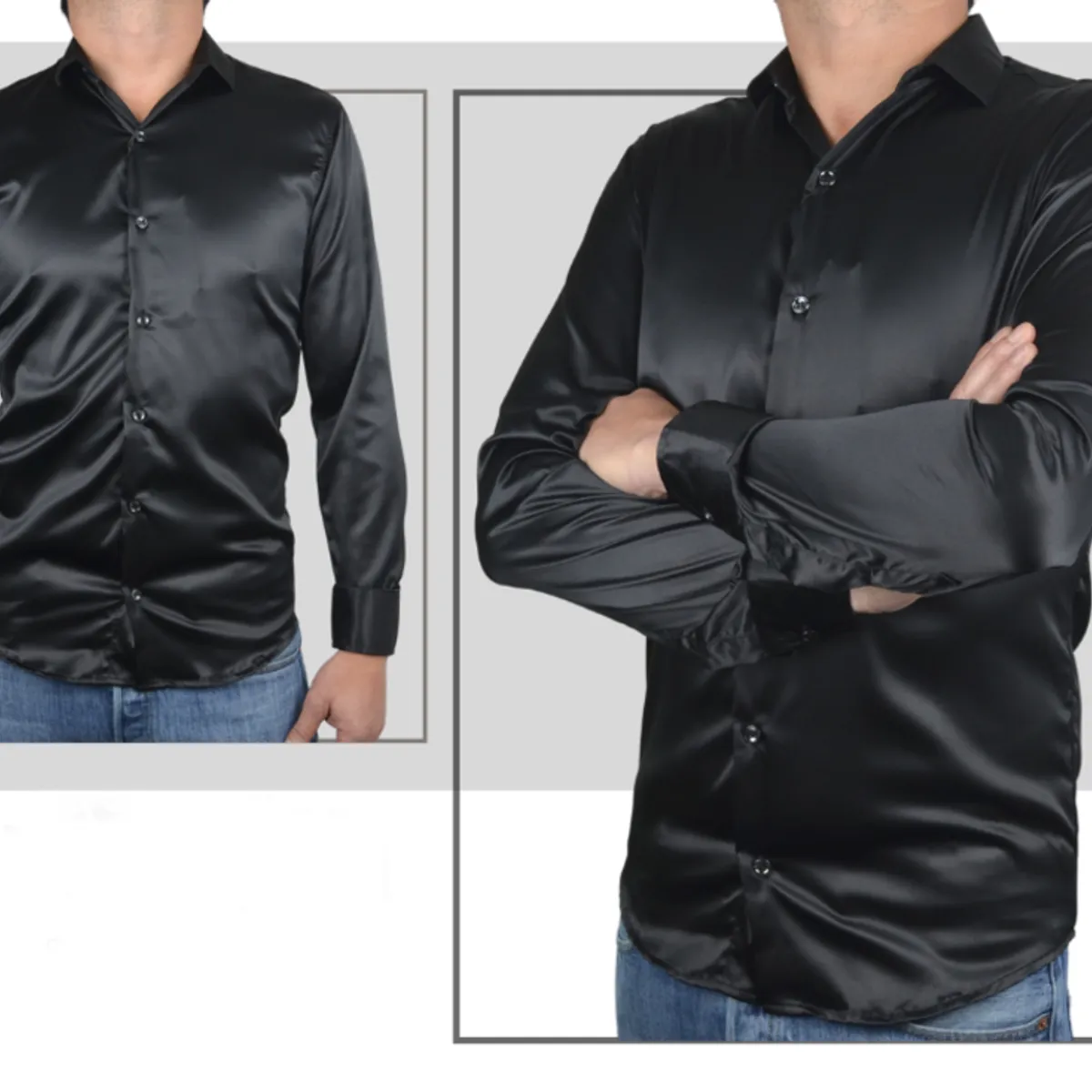 ABC - Camisas De Vestir Seda Brillante Satinada De Lujo Para Hombre botones