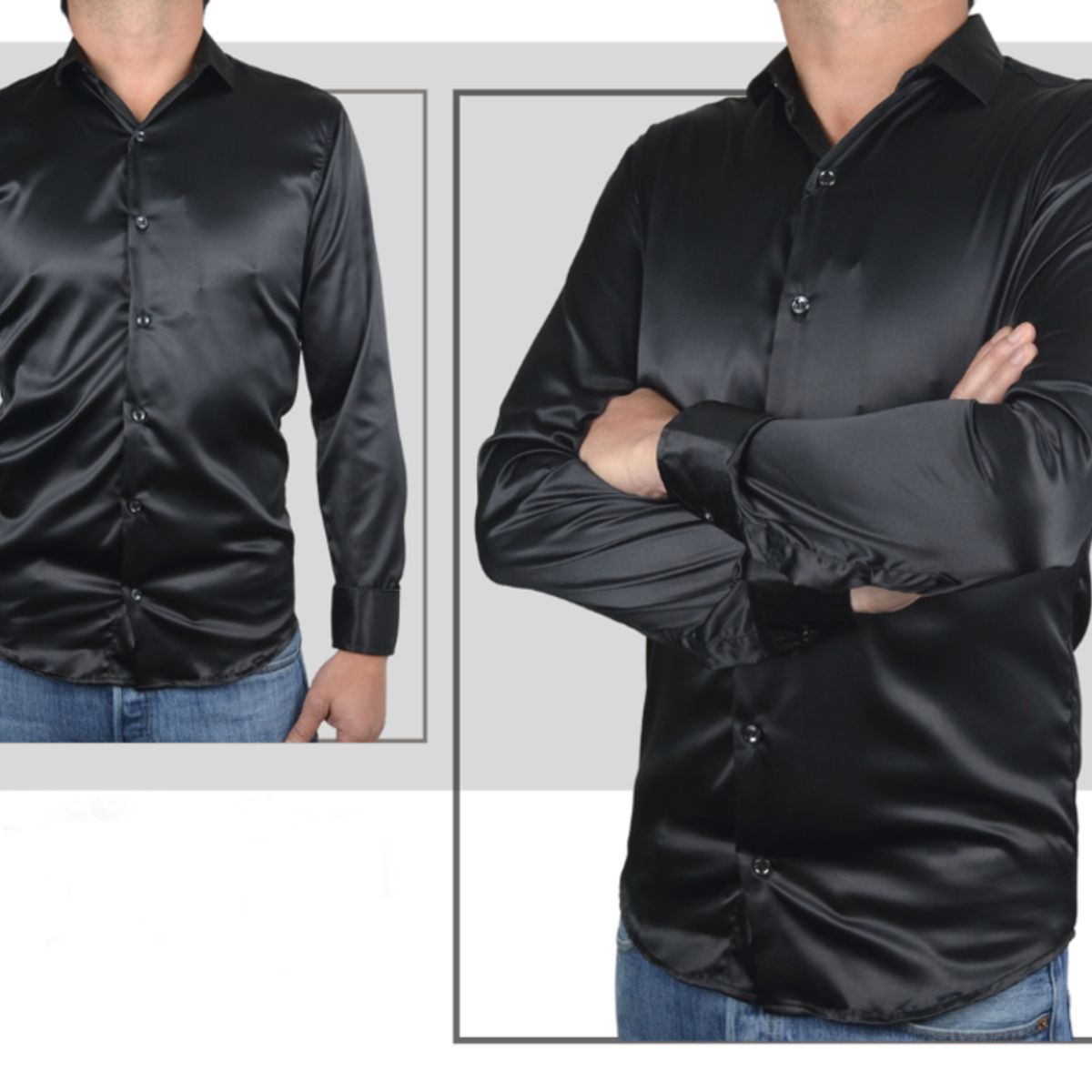 ABC - Camisas De Vestir Seda Brillante Satinada De Lujo Para Hombre botones