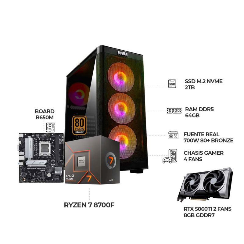 AMD - COMPUTADOR GAMER RYZEN 7 8700F+ RTX 5060TI 8GB+ RAM 64GB SSD 2TB+ BOARD B650M
