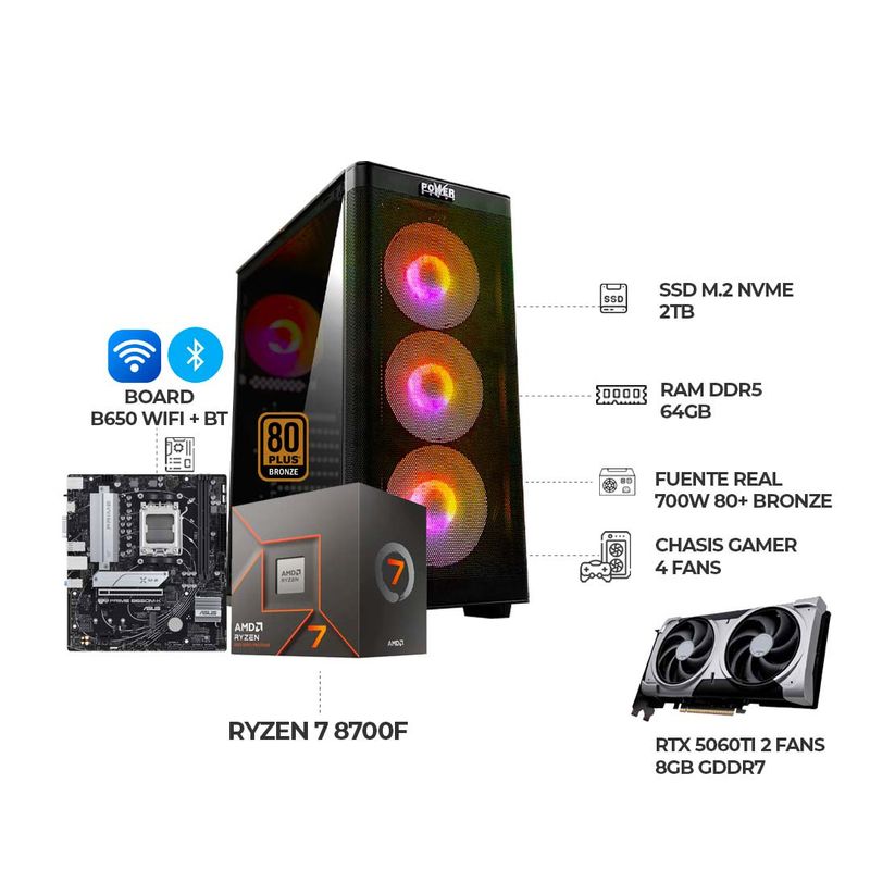 AMD - COMPUTADOR GAMER RYZEN 7 8700F+ RTX 5060TI 8GB+ RAM 64GB SSD 2TB+ B650 WIFI/BT