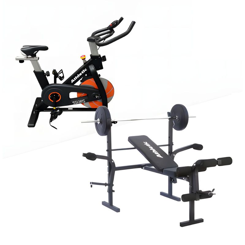 ATHLETIC - Combo Cardio- MultiFuerza Athletic Banco de pesas Multifuerza plegable + Bicicleta Estática Spinning 550BS