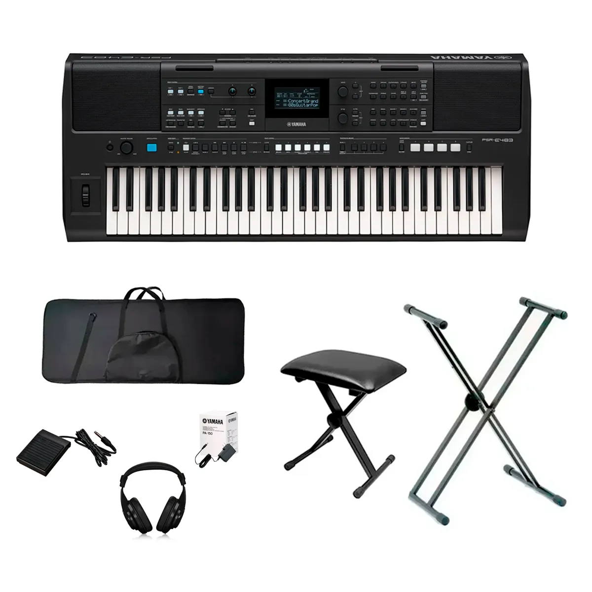 YAMAHA - Piano Yamaha Psr-e483 +base +estuche +silla+ Pedal+audifonos