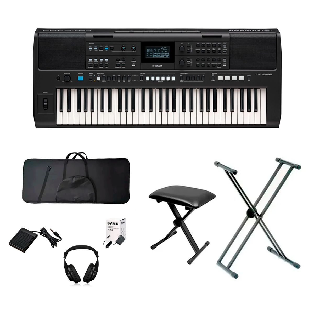 YAMAHA - Piano Yamaha Psr-e483 +base +estuche +silla+ Pedal+audifonos