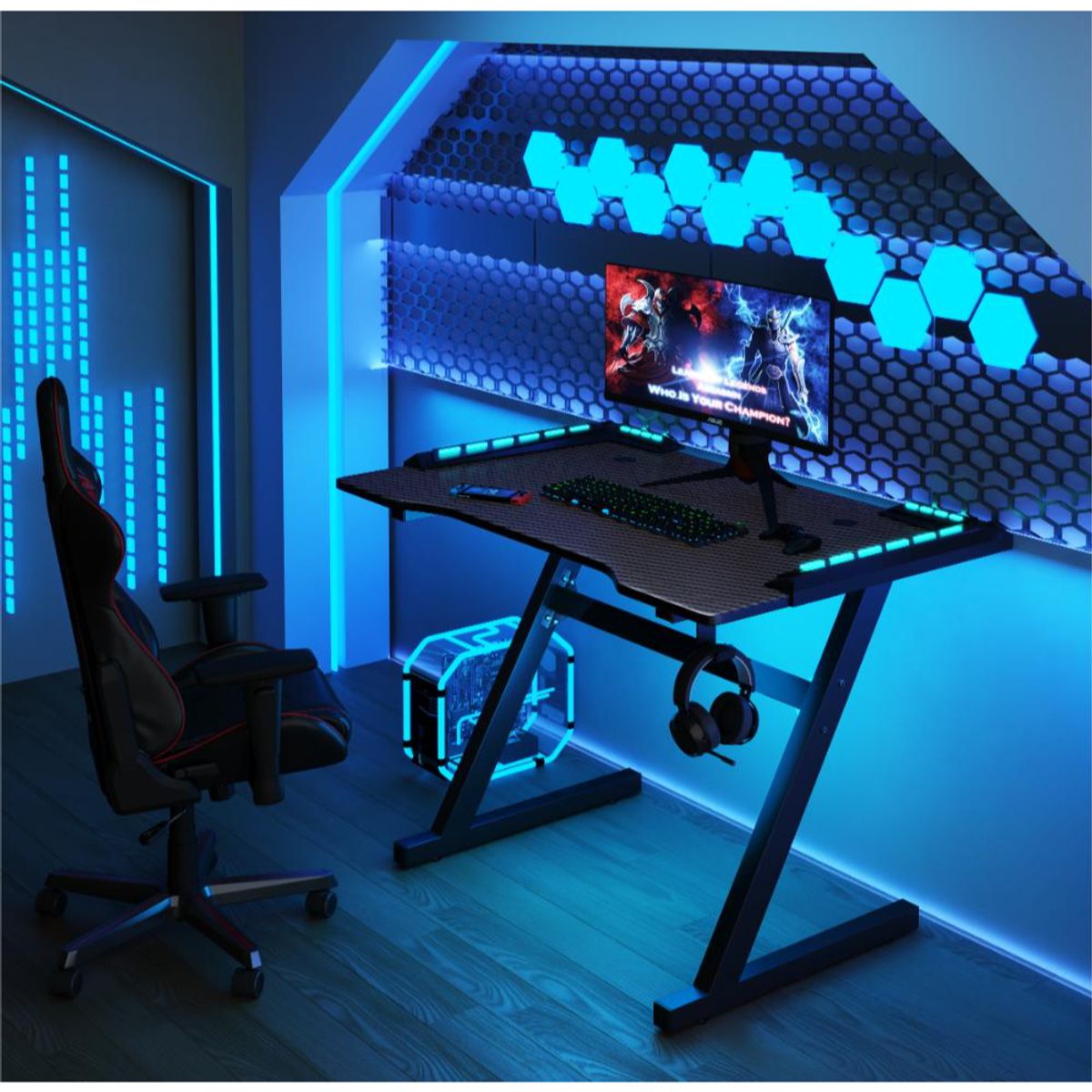 RTA DESIGN - Escritorio Gamer Silver Negro Con Luz Led y Estructura Metalica